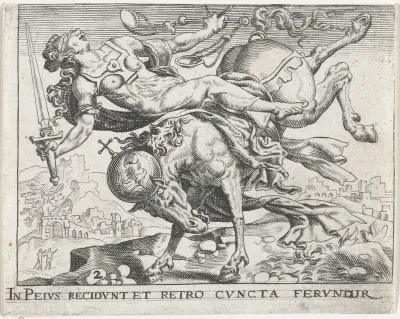 Justitia valt van een steigerend paard