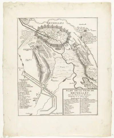 Kaart met de Franse stellingen van waaruit de stad Brussel is gebombardeerd, 1695