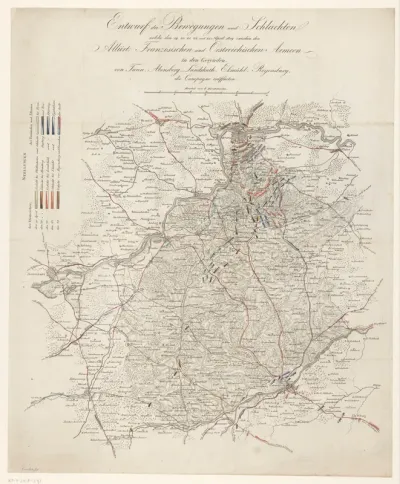 Kaart met de posities van de geallieerde en Franse troepen, 1809