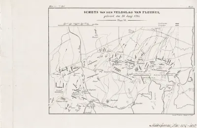 Kaart met de posities van de legers tijdens de slag bij Fleurus, juni 1794