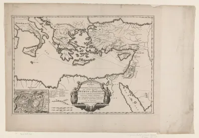 Kaart met de reizen van de apostelen Petrus en Paulus, met een plattegrond van Jeruzalem