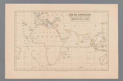 Kaart met de route van een zeereis van Nederland naar Nederlands Oost-Indië