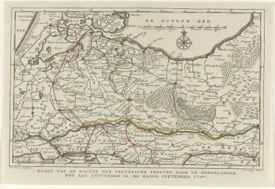 Kaart met de routes van de Pruisische troepen naar Amsterdam, 1787