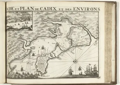 Kaart met de strijd om Cadiz, 1702