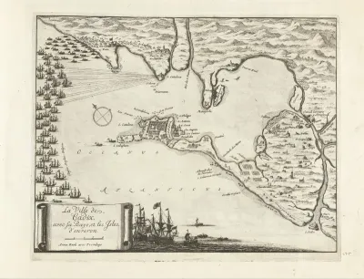 Kaart met de strijd om Cadiz, 1702