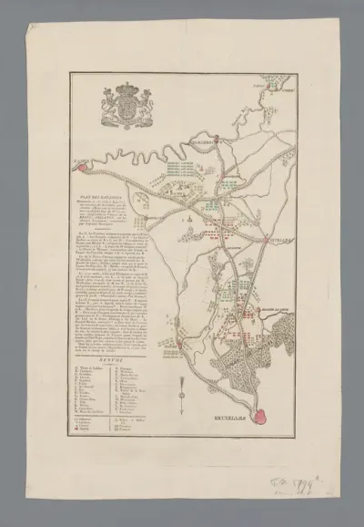 Kaart met de veldslagen bij Quatre-Bras en Waterloo, 15-18 juni, 1815