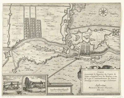 Kaart met de watermolens en het legerkwartier van de graaf van Solms tijdens het beleg van Den Bosch, 1629
