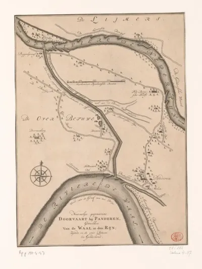 Kaart met het kanaal tussen de Nederrijn en de Waal bij Pannerden