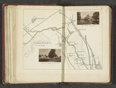 Kaart met twee afbeeldingen van de ruïne van het klooster en een forellenvijver bij Godstow
