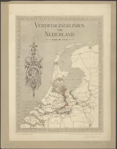Kaart met verdedigingslinies van Nederland