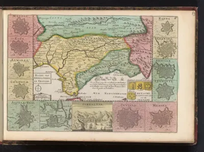 Kaart van Andalusië met de zeeslag bij Malaga, 1704