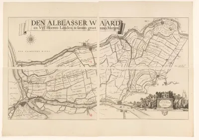 Kaart van de Alblasserwaard en de Vijfheerenlanden, bestaande uit vier delen en een wapenrand