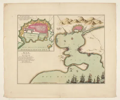 Kaart van de baai van Toulon met een plattegrond van Toulon, tijdens het beleg van 1707
