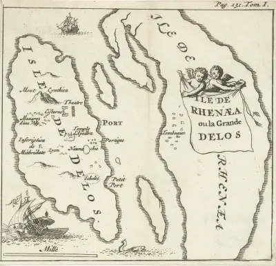 Kaart van de Cycladische eilanden Delos en Rinia