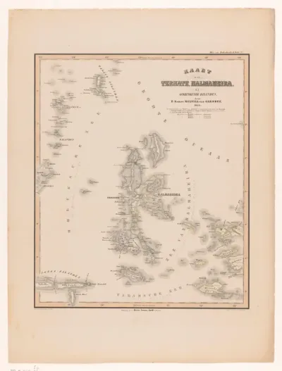 Kaart van de eilanden Halmahera, Ternate en overige eilanden in de Molukse Zee en Zee van Halmahera
