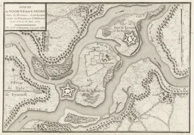 Kaart van de forten de Voorn en Sint-Andries aan de Maas, veroverd door de Fransen in 1672