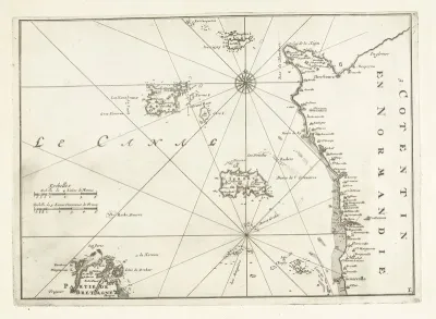 Kaart van de Franse kust tussen Cherbourg en Granville, ca. 1702