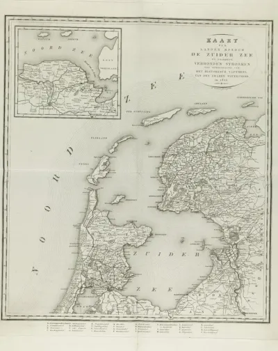 Kaart van de gebieden rond de Zuiderzee getroffen door de watersnood van 1825