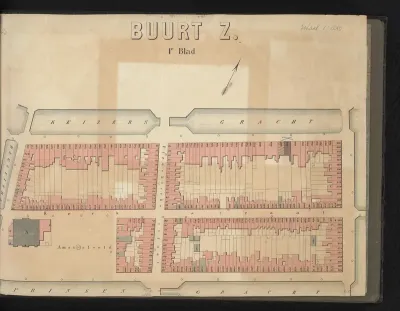 Kaart van de Keizersgracht en Prinsengracht met de percelen ingetekend