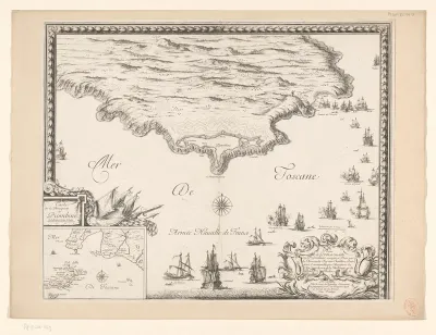 Kaart van de kust bij Piombino, tijdens het beleg in 1650