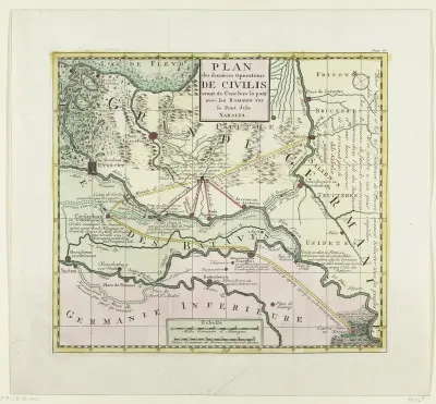 Kaart van de laatste krijgsmanoeuvres van Civilis, 69-70