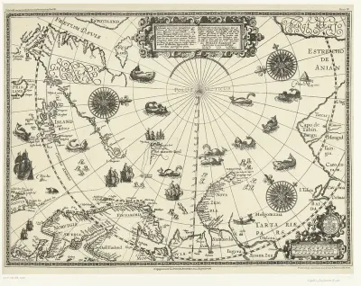 Kaart van de landen rond de poolcirkel met de drie reizen van de Nederlanders, 1598