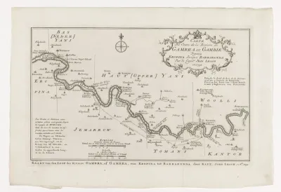 Kaart van de loop van de rivier de Gambia