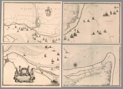Kaart van de Maasmonding met postroutes, bestaande uit vier delen