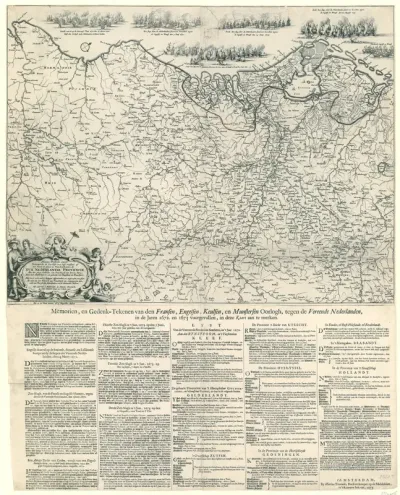 Kaart van de Nederlanden waarop is aangegeven tot waar de vijandelijke troepen in de jaren 1672-73 zijn opgerukt