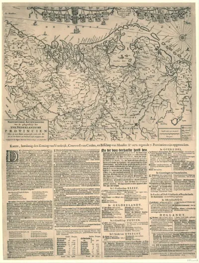 Kaart van de Nederlanden waarop zijn aangegeven de steden die in 1672 veroverd zijn door de Fransen