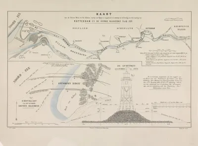 Kaart van de Nieuwe Maas en een ontwerp voor verbetering van de vaarweg, 1863