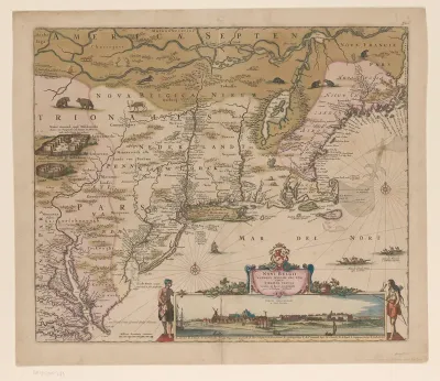 Kaart van de noordoostkust van Amerika, met een gezicht op Nieuw-Amsterdam