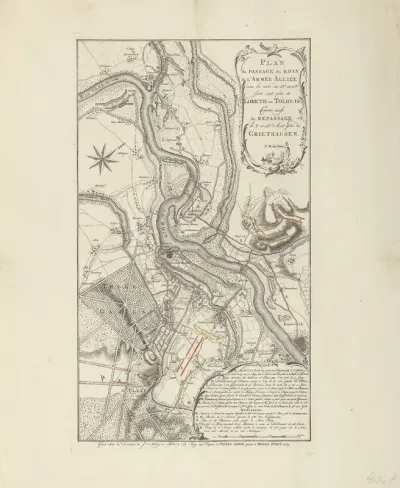 Kaart van de oversteek van het geallieerde leger bij Lobith, 1758