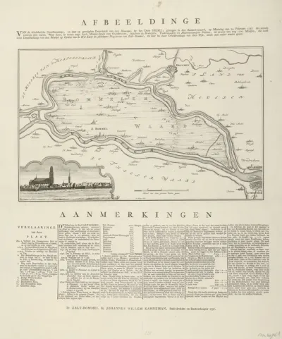 Kaart van de overstroomde Bommelerwaard na de dijkdoorbraak, 1757