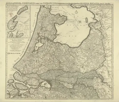 Kaart van de provincies Holland, Utrecht en Gelderland met de delen die bij de dijkbreuken in 1740-1741 onder water zijn gelopen