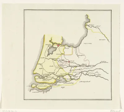 Kaart van de provincies Holland, Utrecht en Gelderland waarop met kleuren is aangegeven tot hoever de Fransen in 1672 waren doorgedrongen en welke delen door inundatie beveiligd waren