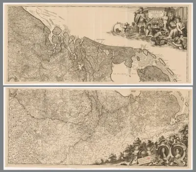Kaart van de Republiek der Zeven Verenigde Nederlanden en omliggende gebieden, bestaande uit twee delen