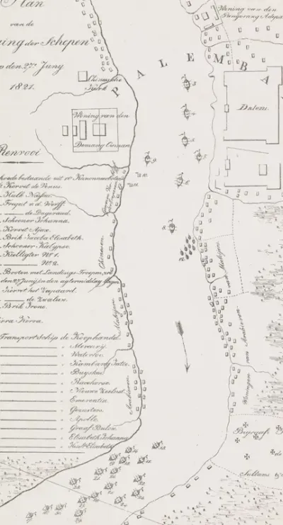 Kaart van de rivier bij Palembang, 1821