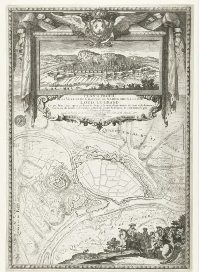 Kaart van de stad Namen met het kasteel, belegerd en ingenomen door het Franse leger, 1692