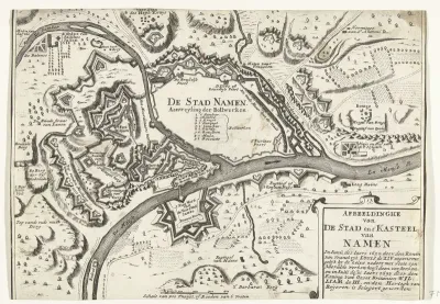 Kaart van de stad Namen met kasteel, belegerd door het Franse leger in 1692 en heroverd door de geallieerden in 1695