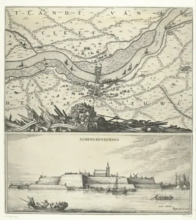 Kaart van de Waal en een gezicht op Schenckenschans, 1635-1636