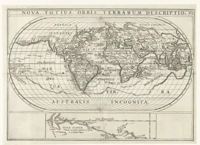 Kaart van de wereld met de reizen van Joris van Spilbergen en Jacob le Maire om de wereld, 1614-1617