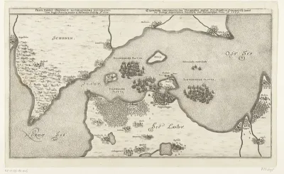 Kaart van de zeeslag tussen de Zweedse en Deense vloten in de Belt, 1644