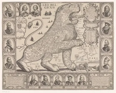 Kaart van de Zeventien Provinciën in de vorm van de Nederlandse leeuw