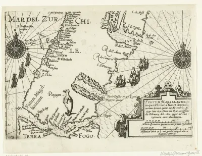 Kaart van de zuidpunt van Zuid-Amerika met de Straat Magellaan, 1599-1600