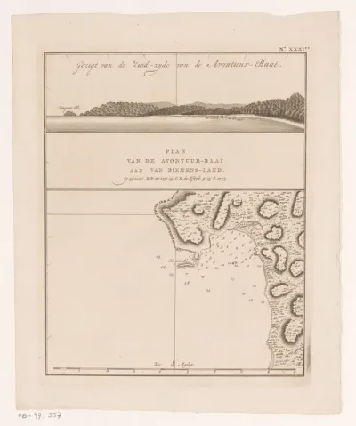 Kaart van en gezicht op de kust van Tasmanië