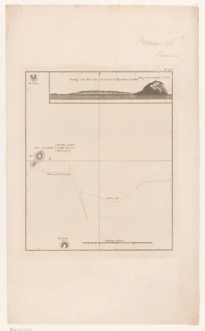 Kaart van en gezicht op het eiland Iwo Jima voor de Japanse kust