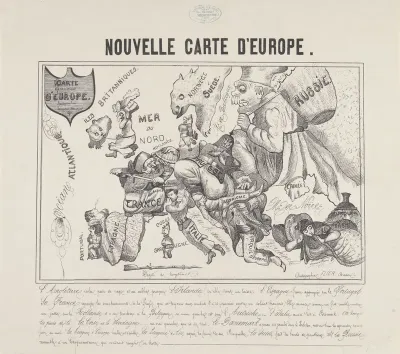 Kaart van Europa waarin alle landen door personen zijn voorgesteld, ca. 1867