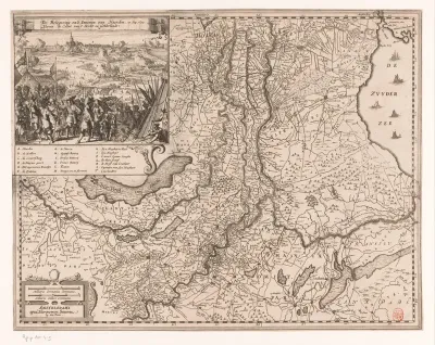Kaart van Gelderland met een gezicht op de inname van Naarden in 1673