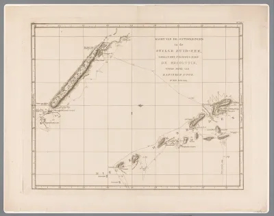 Kaart van het eiland Nieuw-Caledonië en andere eilanden in de Grote Oceaan, ontdekt door James Cook in 1774